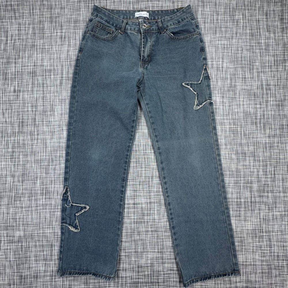 Angel Kiss Womens Juniors Star Applique Straight Leg Jeans Blue Denim Size 7/28